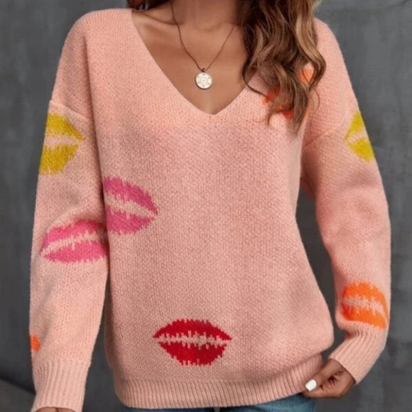 Lip Print v-neck lip Sweater top preppy contemporary Casual - Picture 7 of 7